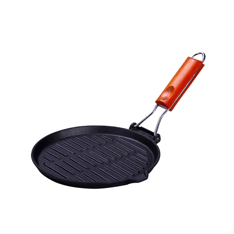 Wooden Folding Handle Fry Pan Cast Iron Oven Grill Pan (1)
